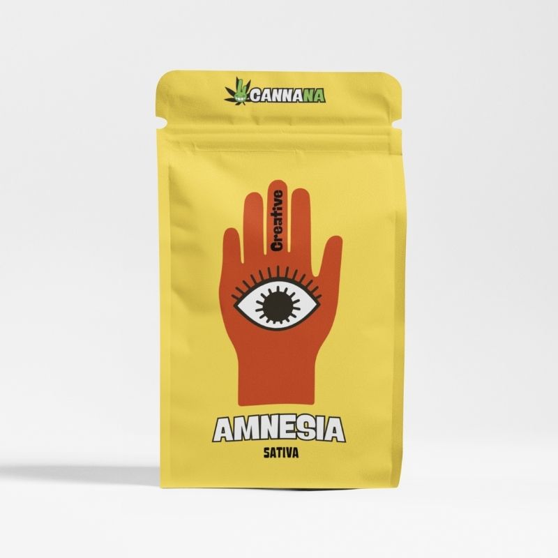 Amnesia Sativa Cannabis Verpackung von Cannana – gelber Beutel mit kreativem Design, exklusiv im Headshop Düsseldorf kaufen.