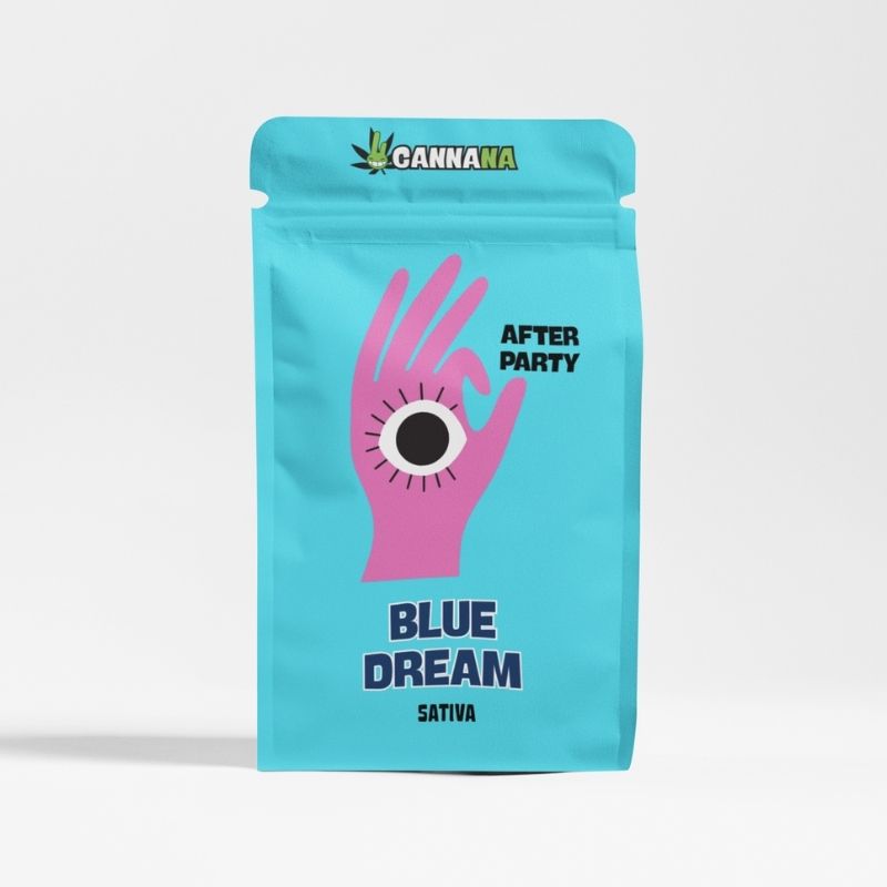 Blue Dream Sativa Cannabis Verpackung – türkisfarbener Beutel mit pinkem Hand-Design, After Party Edition von Cannana in Düsseldorf.