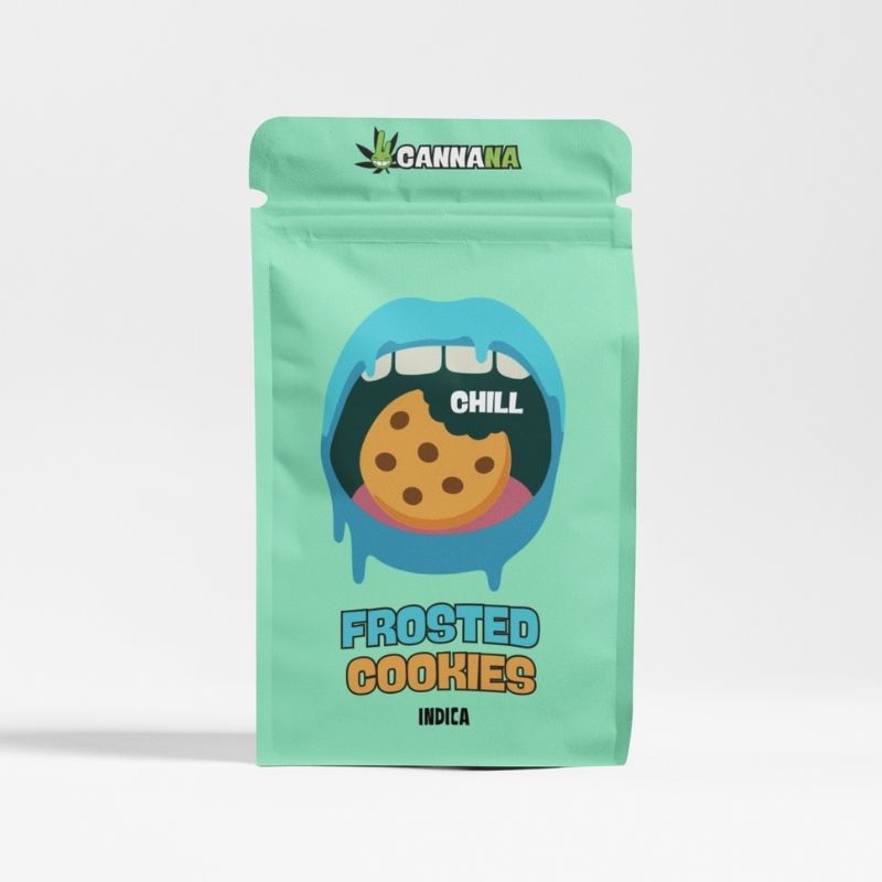 Frosted Cookies Indica Cannabis Verpackung – mintgrüner Beutel mit Cookie-Design von Cannana, Chill Edition, Headshop Düsseldorf.