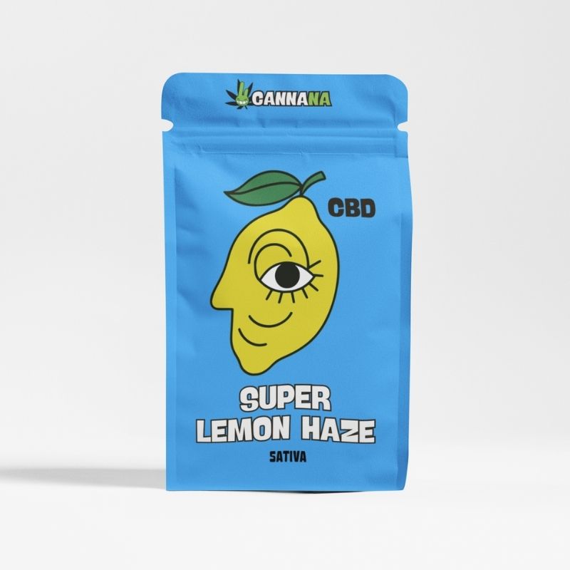 Super Lemon Haze CBD Sativa Verpackung – blaue Cannabis Tüte mit Zitronen-Motiv von Cannana, erhältlich im Online Headshop Düsseldorf.