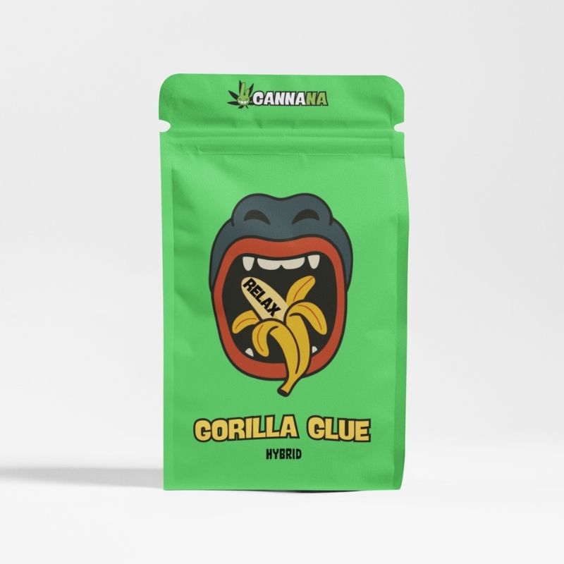 Gorilla Glue Hybrid Cannabis Verpackung von Cannana – grüner Beutel mit Gorilla-Motiv, Relax Edition, kaufen im Headshop Düsseldorf.
