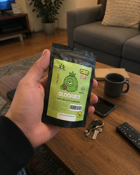 Hand hält ein CBD-Blütentütchen über einem Couchtisch im Wohnzimmer